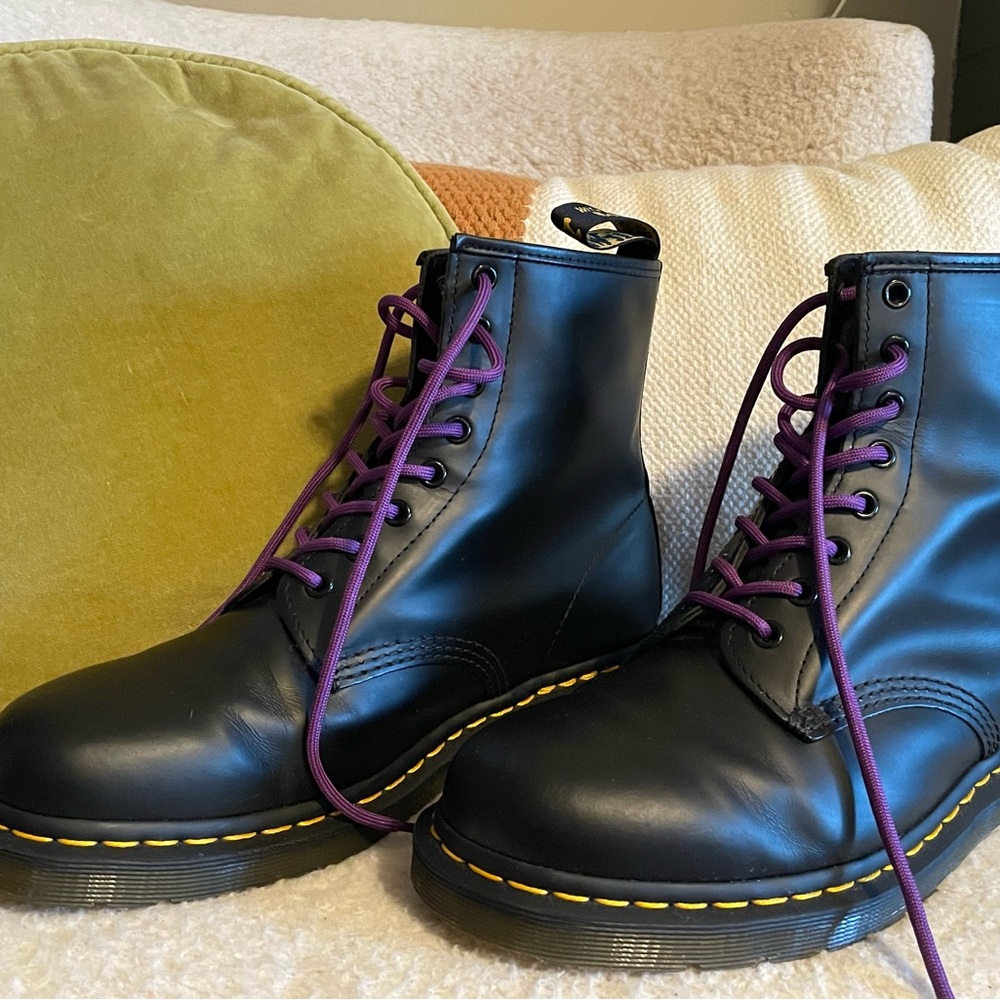 Dr. Martens Black Leather Boots with Purple Laces and Yellow Stitching